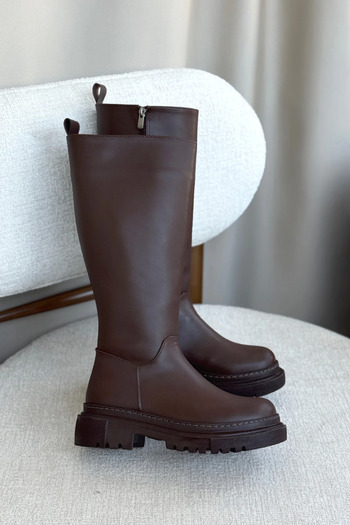 GOFFSHOES Women's Kimber Thick Sole Below-Knee Leather Boots - Brown-Leather