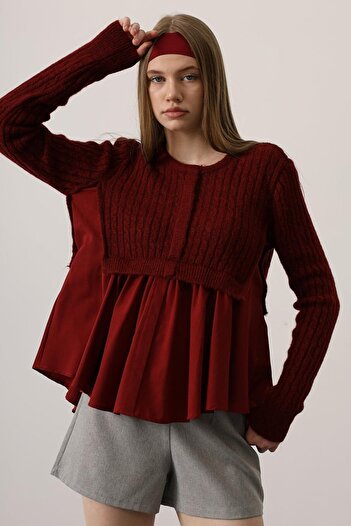 VAGGON Women's Burgundy Knitwear Panel Detailed Layered Blouse Vs01249