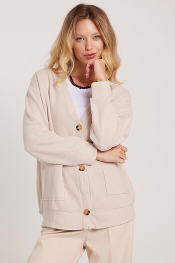 Tudors Women's Relax Fit Comfortable Cut Knitted Fabric Double Pocket V-Neck Beige Cardigan