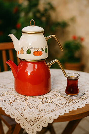 CEZVE HOME Balkabağı Desenli Midi Emaye Çaydanlık Seti