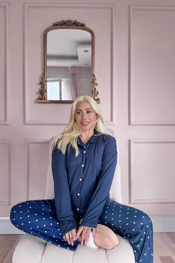 Pijamaevi Navy Blue Point Patterned Bamboo Front Buttoned Long Sleeve Women's Pajama Set