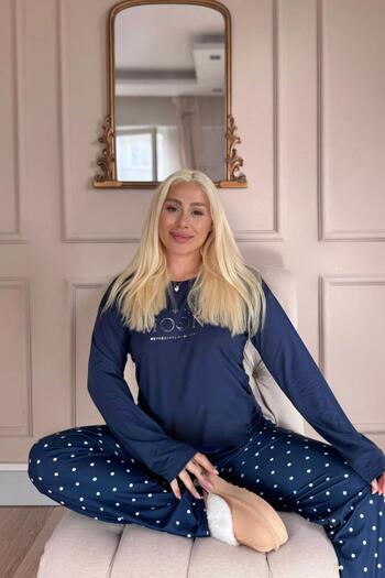 Pijamaevi Navy Blue Moon Patterned Bamboo Long Sleeve Women's Pajama Set