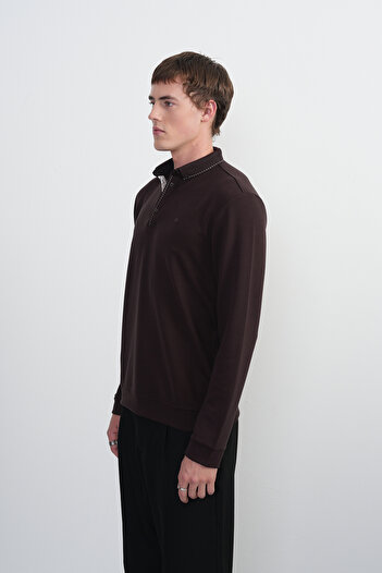 SILVANO Men's Stitching Detail Long Sleeve Coffee Polo Neck T-Shirt