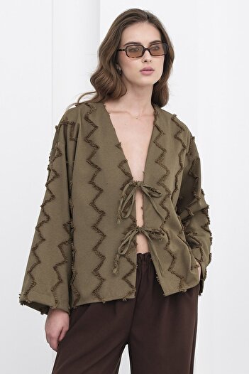VAGGON Women's Khaki Tie-Dye Zigzag Patterned Blouse Vs01236