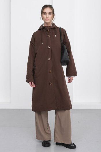 VAGGON Women's Brown Double Pocket Hooded Button Closure Trench Coat Vs01238