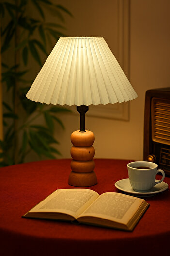 EvLight Loft Iskandınav Wooden Lampshade on the Nightstand