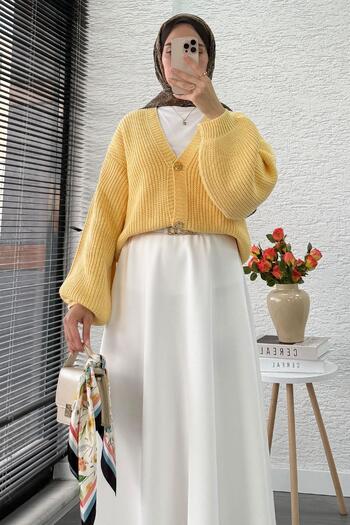MELEK ARAZ Balon Kol Gold Buttoned Knitwear Cardigan – Yellow
