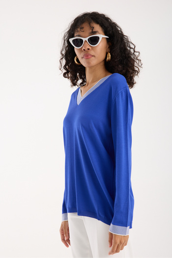 Moda Days Women's Saks Blue Viscose Fabric Contrast Trim V-Neck Knitwear Blouse