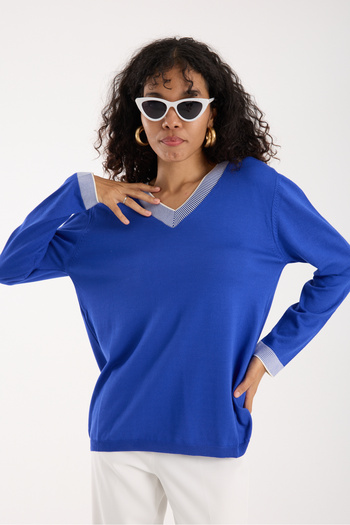 Moda Days Women's Saks Blue Viscose Fabric Contrast Trim V-Neck Knitwear Blouse