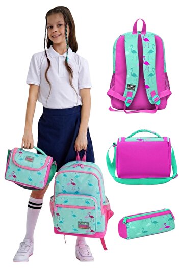 Coral Girl Flamingo Green Primary School Orthopedic 3-Piece Set Pencil Holder Foil Lunch Box with Water Bottle Compartment