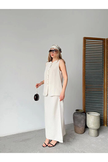 shopivastore Linen sleeveless zero neck button sleeveless cardigan skirt twin set- white