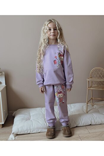 Patriko Girls' Back Labubu Printed Purple Color New Season 2-Ply Bottom Top Tracksuit Set