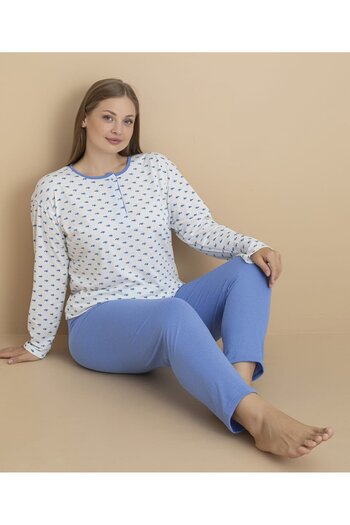 embody Pijamale din bumbac pentru femei, Set cu bluză și pantaloni lungi, albastru, albastru 16243