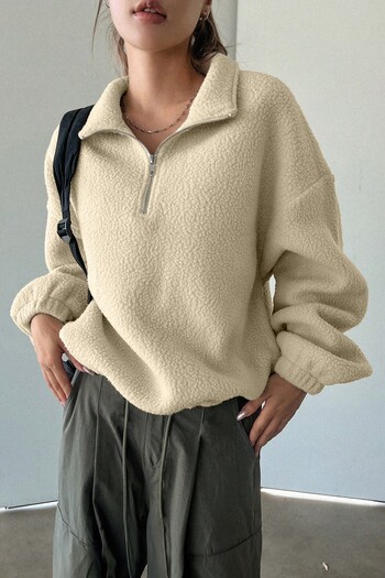 GHASSY CO. Women's Ultra Heat Plush Sherpa Oversize Half Metal Zipper Elastic Adjustable Fleece Sweatshirt