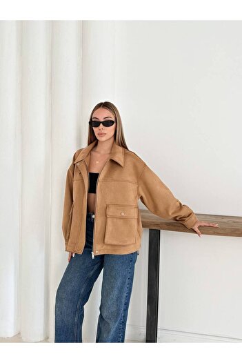 GM Butikk Women's Suede Look Pocket Detailed Jacket Women's Jacket Oversize Jacket