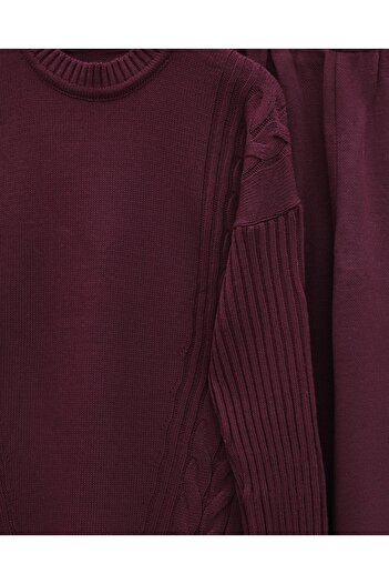 Modamorfo Knitted Patterned Long Back Knitwear Set - Burgundy