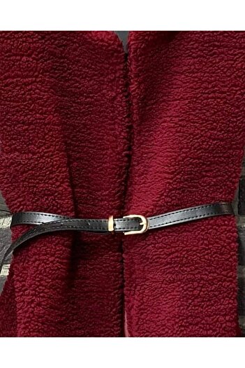Modamorfo Beli Belted Double Pocket Lined Plush Vest - Burgundy
