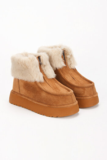 Miss Mitto Women's Tan Suede Fur Zippered Thick Soled Comfortable Boots
