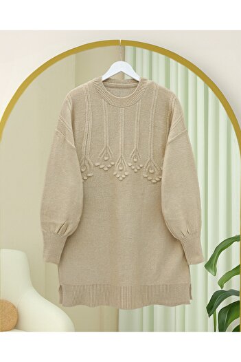 Modamorfo Round Neck Soft Knit Tunic with Stripe and Pom-Pom Detail - Light Mink