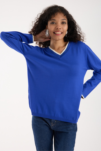 Moda Days Women's Saks Blue Elite Viscose Fabric Contrast Glitter Trim V-Neck Knitwear Blouse