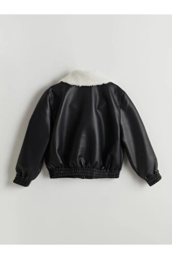 LC Waikiki Lcw Kids Black Fur Collar Leather Look Girls' Coat