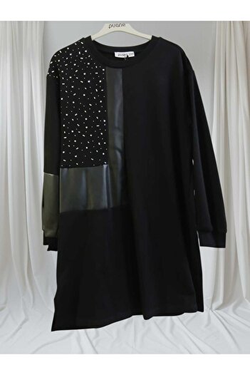 Puane Women's Tunic with Leather Trim on the Sleeves and Front and Stone Detailing