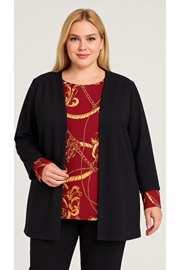 HÜLYA BUTİK Women's Plus Size Black Jacket with Burgundy Patterned Blouse Inside
