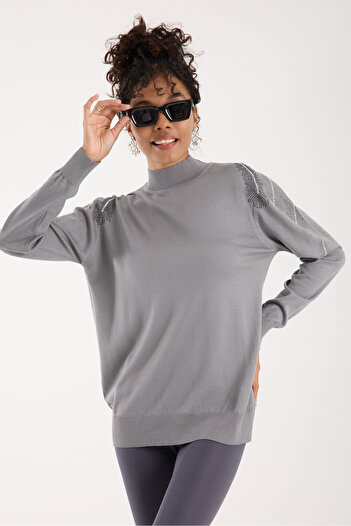 Moda Days Women's Gray Elite Viscose Fabric Stone Detailed Shoulder Half Turtleneck Knitwear Blouse