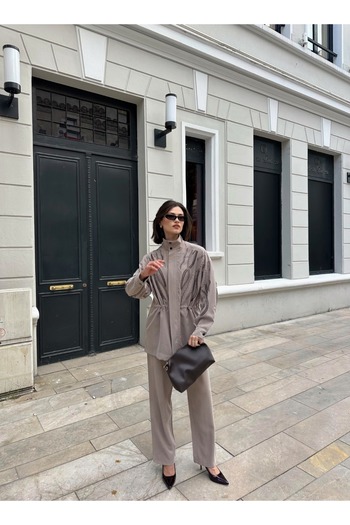 MİA NOURA Women's Front Sleeves with Bead Embroidery Tansel Fabric Bambir Ceken Pant Suit