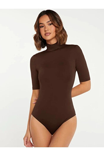 MetuCA Women's Brown Turtleneck Short Sleeve Jersey Fabric Bodycon Bodysuit Leotard