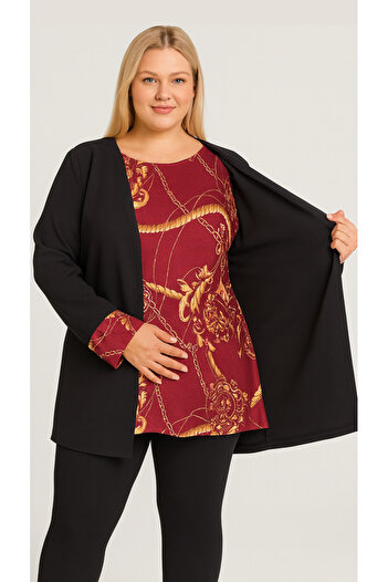 HÜLYA BUTİK Women's Plus Size Black Jacket with Burgundy Patterned Blouse Inside