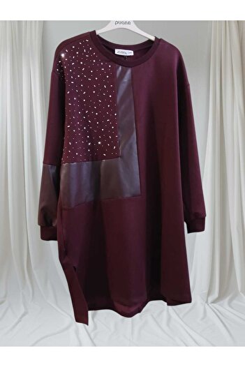 Puane Women's Tunic with Leather Trim on the Sleeves and Front and Stone Detailing