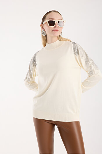 Moda Days Women's Ecru Elite Viscose Fabric Stone Detailed Shoulder Half Turtleneck Knitwear Blouse