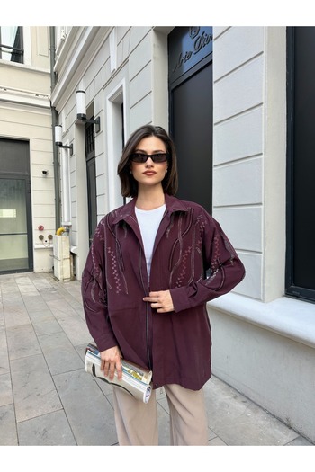 MİA NOURA Women's Front Sleeves with Bead Embroidery on Tansel Fabric Bambir Ceken