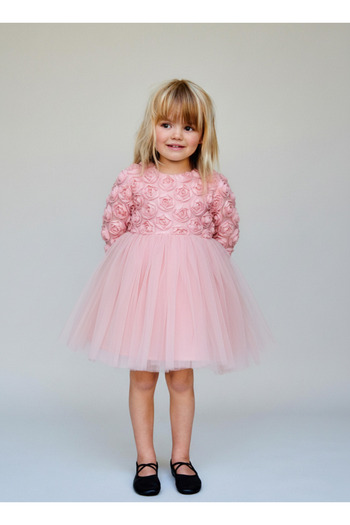 Magu Girl's Cotton Pink Floral Pattern Appliqued Tulle Dress - Special Occasion and Invitation Dress