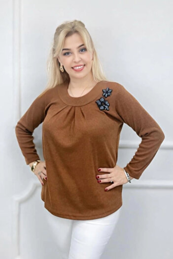 Bİ.GİYSEN Women's Cinnamon Crew Neck Plus Size Collar Pleated Lycra Slim T-Shirt Buluz