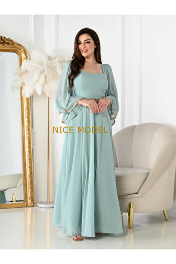 Nice Model Elegant mint green chiffon maxi dress with long sleeves and bow detail plus size