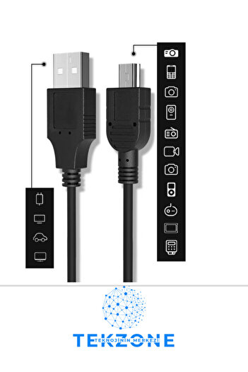 TEKZONE 4575 Mini Usb To Usb Data Şarj Kablosu 5 Pin Mini USB Usb5-Pin 2.0 Erkek A Mini 5 Pin B Piramit Uç