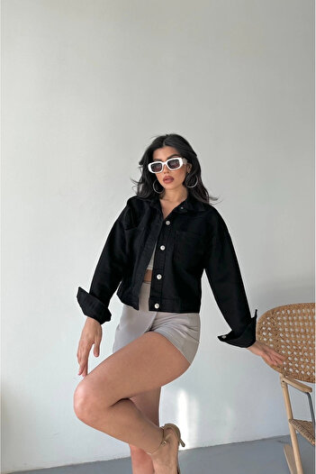 By Mop Double Pocket Sleeve Fold Super Stone Enzyme Wash Crop Denim Jacket Black D2000