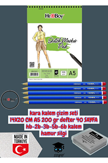 SEYFİKİRTASİYE Chalk Pencil Drawing Set 14X20 cm A5 200 Gr Notebook 40 Sheets Hb-2B-3B-5B-6B Pencil Dough Eraser