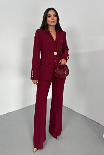 spirituel Women's Two-Piece Suit Stylish Button Detail Stand Collar Blazer Jacket Wide Leg Pants Set