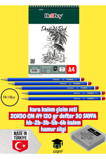 SEYFİKİRTASİYE Drawing Set with Black Pencil 20X30 cm A4 120 Gr Notebook 30 Sheets Hb-2B-3B-5B-6B Pencil Dough Eraser