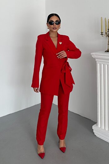 spirituel Women's Two-Piece Top and Bottom Set Stylish Belted Draped Brooch Detail Blazer Jacket Flared Leg Pants Set