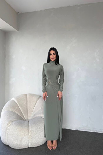 LİLA İSTANBUL Crew Neck Waist Buckle Detailed Sandy Dress