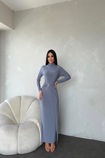 LİLA İSTANBUL Crew Neck Waist Buckle Detailed Sandy Dress