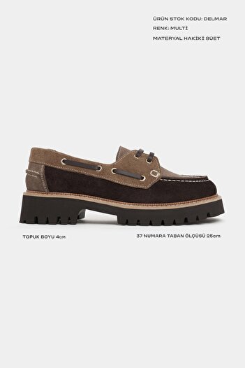 NİŞANTAŞI SHOES Γυναικεία παπούτσια Loafer με χοντρή σόλα Delmar Multi Suede από γνήσιο δέρμα με λεπτομέρεια με κορδόνια