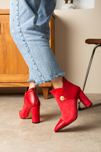 BERFONA Layla Red Suede 7 cm Heel Button Detail Zippered Boots Bottie