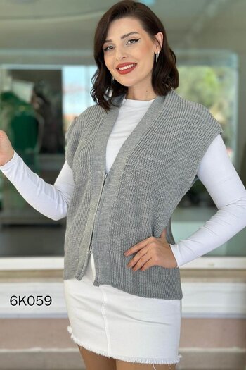 İnce Topuk Zippered Bat Knitwear Vest 6K059