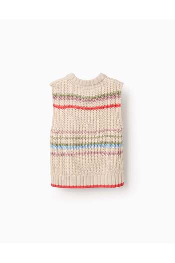 Ziddy Knitted Waistcoat with Colourful Stripes for Girls, Beige