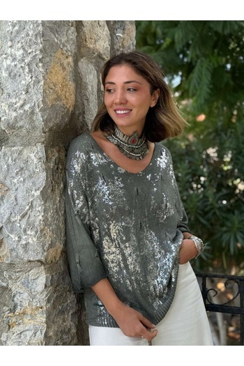 Punta Otantik Nc6016 Italian Fakir Sleeve Printed Thin Knitwear Blouse Khaki